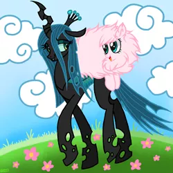 Size: 1280x1281 | Tagged: safe, artist:goreharvest, derpibooru import, queen chrysalis, oc, oc:fluffle puff, changeling, changeling queen, earth pony, pony, duo, female, image, jpeg