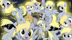 Size: 1280x720 | Tagged: safe, artist:goreharvest, derpibooru import, derpy hooves, pegasus, pony, bipedal, female, image, jpeg, mare, muffin cannon, multeity, sunglasses, tongue out, unstoppable force of derp, wallpaper