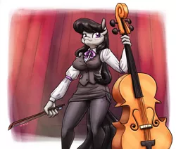 Size: 2126x1800 | Tagged: suggestive, artist:king-kakapo, derpibooru import, part of a set, octavia melody, anthro, earth pony, bow (instrument), breasts, busty octavia melody, cello, cello bow, clothes, female, image, looking at you, low angle, musical instrument, panties, pantyhose, png, purple underwear, ribbon, skirt, skirt lift, solo, solo female, underwear, upskirt, vest