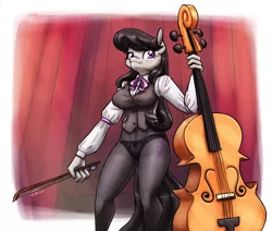 Size: 2126x1800 | Tagged: suggestive, artist:king-kakapo, derpibooru import, part of a set, octavia melody, anthro, earth pony, belly button, bow (instrument), breasts, busty octavia melody, cello, cello bow, clothes, female, image, looking at you, low angle, musical instrument, panties, pantyhose, png, purple underwear, ribbon, solo, solo female, underwear, vest