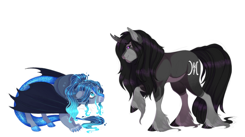 Size: 5000x2800 | Tagged: safe, artist:gigason, derpibooru import, oc, oc:oscuro, oc:teal shine, unofficial characters only, hybrid, unicorn, bat wings, high res, image, png, simple background, transparent background, wings