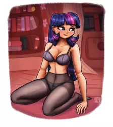 Size: 2000x2231 | Tagged: suggestive, artist:king-kakapo, derpibooru import, part of a set, twilight sparkle, human, belly button, blushing, bra, clothes, female, golden oaks library, high res, humanized, image, kneeling, library, lidded eyes, looking away, panties, pantyhose, png, purple underwear, signature, smiling, solo, underwear