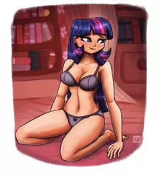 Size: 2000x2231 | Tagged: suggestive, artist:king-kakapo, derpibooru import, part of a set, twilight sparkle, human, belly button, blushing, bra, clothes, female, golden oaks library, high res, humanized, image, kneeling, library, lidded eyes, looking away, panties, png, purple underwear, signature, smiling, solo, underwear