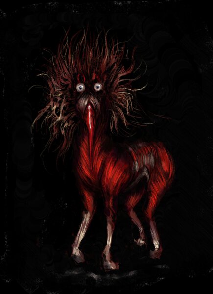 Size: 2127x2935 | Tagged: semi-grimdark, artist:misstwipietwins, derpibooru import, earth pony, pony, anatomy, black background, body horror, creepy, image, jpeg, long muzzle, looking at you, muscles, realistic anatomy, simple background, skinless, solo