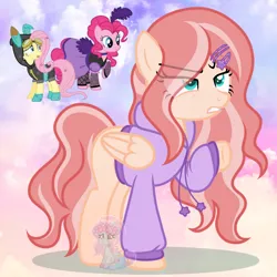 Size: 950x950 | Tagged: safe, artist:shiee-artopia223, derpibooru import, fluttershy, pinkie pie, earth pony, pegasus, pony, base used, clothes, costume, dangerous mission outfit, eye clipping through hair, female, frown, fusion, goggles, hoodie, image, mare, png, raised hoof, worried