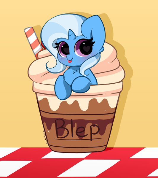 Size: 4328x4872 | Tagged: safe, artist:kittyrosie, derpibooru import, trixie, pony, unicorn, :p, blushing, brown background, chest fluff, cute, diatrixes, female, frappuccino, horn, image, kittyrosie is trying to murder us, looking at you, mare, png, simple background, smiling, smiling at you, solo, straw, tongue out, wingding eyes