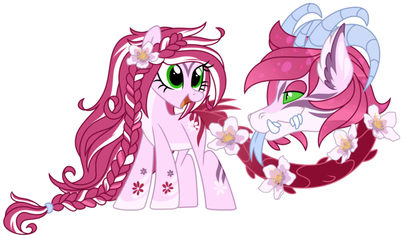 Size: 1280x748 | Tagged: safe, artist:lupulrafinat, derpibooru import, oc, unofficial characters only, cow plant pony, monster pony, original species, plant pony, pony, augmented, augmented tail, braid, female, flower, forked tongue, horns, image, looking back, plant, png, simple background, smiling, tail, transparent background