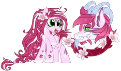 Size: 1280x748 | Tagged: safe, artist:lupulrafinat, derpibooru import, oc, unofficial characters only, cow plant pony, monster pony, original species, plant pony, pony, augmented, augmented tail, braid, female, flower, forked tongue, horns, image, looking back, plant, png, simple background, smiling, tail, transparent background