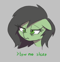 Size: 203x209 | Tagged: safe, artist:thebatfang, derpibooru import, oc, oc:anonfilly, unofficial characters only, earth pony, pony, aggie.io, bags under eyes, bust, earth pony oc, female, filly, floppy ears, foal, frown, gray background, greentext, image, lidded eyes, lowres, mare, png, simple background, solo, text, tired