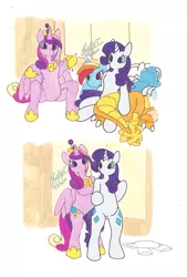 Size: 863x1280 | Tagged: safe, artist:bluelilytz, derpibooru import, princess cadance, rainbow dash, rarity, smolder, alicorn, dragon, original species, pegasus, plush pony, pony, semi-anthro, unicorn, arm hooves, bodysuit, clothes, costume, crown, dream, hoof shoes, image, implied human, jewelry, no mouth, peytral, plushie, png, ponysuit, regalia, signature, simple background, spread wings, suit, traditional art, white background, wings