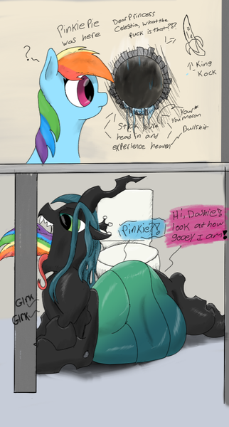 Size: 550x1024 | Tagged: questionable, artist:mrleft, derpibooru import, pinkie pie, queen chrysalis, rainbow dash, changeling, changeling queen, earth pony, pegasus, belly, big belly, dialogue, drool, female, glory hole, graffiti, grammar error, gray background, image, implied death, implied digestion, implied twilight sparkle, lidded eyes, male, onomatopoeia, oral vore, pinkie being pinkie, png, question mark, rainbow dumb, simple background, toilet, toilet stall, trap, tricked, vore