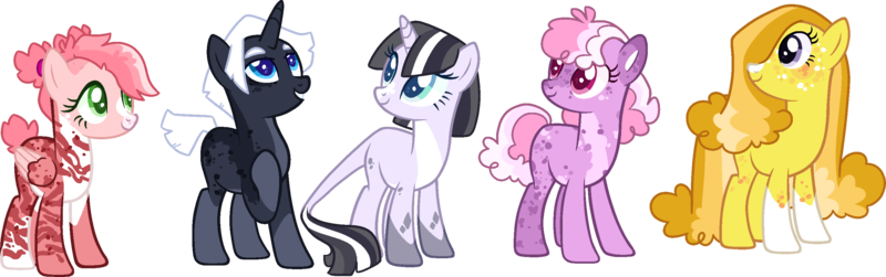 Size: 2748x861 | Tagged: safe, artist:klawiee, derpibooru import, oc, unofficial characters only, earth pony, pegasus, pony, unicorn, base used, coat markings, image, leonine tail, magical lesbian spawn, offspring, parent:applejack, parent:big macintosh, parent:cherry berry, parent:fluttershy, parent:maud pie, parent:night glider, parent:pinkie pie, parent:rarity, parent:sugar belle, parent:twilight sparkle, parents:fluttermac, parents:rarimaud, parents:sugarjack, png, simple background, tail, transparent background