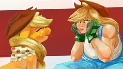 Size: 3840x2160 | Tagged: safe, artist:applephil, derpibooru import, applejack, earth pony, human, pony, applejacked, breasts, busty applejack, clothes, duo, eyes closed, faic, female, floppy ears, gloves, granny smith's shawl, human ponidox, humanized, image, jpeg, mare, muscles, muscular female, overalls, scarf, self paradox, self ponidox, tongue out