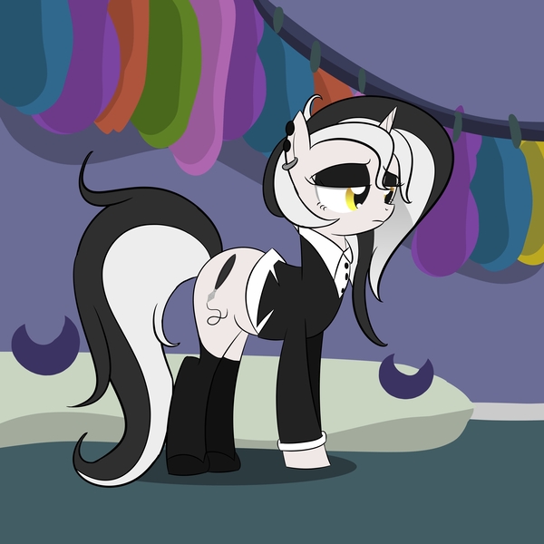 Size: 3000x3000 | Tagged: safe, artist:bestponies, derpibooru import, oc, oc:diamond horseshoe, unofficial characters only, pony, unicorn, alternate hairstyle, clothes, ear piercing, earring, eyeshadow, female, goth, horn, image, jewelry, jpeg, makeup, mare, piercing, shoes, socks, suit, unicorn oc