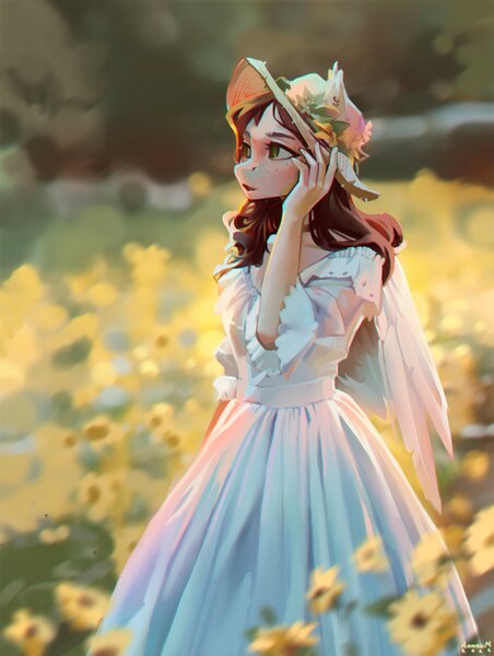 Size: 2000x2657 | Tagged: safe, artist:annna markarova, derpibooru import, oc, anthro, pegasus, pony, bow, eyes open, flower, flower in hair, hair bow, image, jpeg, solo, summer, summer sunset