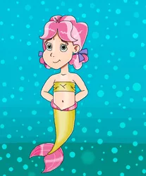 Size: 920x1109 | Tagged: safe, artist:ocean lover, derpibooru import, kettle corn, human, mermaid, bandeau, belly button, bubble, child, cute, fish tail, gradient background, human coloration, humanized, image, kettlebetes, looking at you, mermaid tail, mermaidized, mermay, midriff, png, ribbon, shiny skin, smiling, smiling at you, species swap, tail, underwater, water