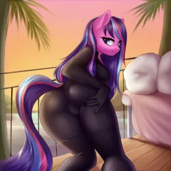 Size: 3500x3500 | Tagged: suggestive, alternate version, artist:yutakira92, derpibooru import, oc, oc:serenity pond, unofficial characters only, anthro, earth pony, ass, balcony, bedroom eyes, bent over, bodysuit, breasts, butt, butt grab, butt touch, clothes, couch, female, grope, image, looking at you, looking back, looking back at you, ocean, palm tree, png, railing, rear view, skintight clothes, solo, solo female, suit, tail, tail aside, tree, water