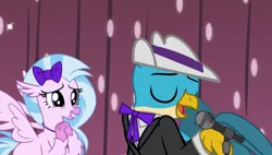 Size: 1052x598 | Tagged: safe, artist:disneymarvel96, derpibooru import, edit, vector edit, gallus, silverstream, gryphon, hippogriff, bow, bowtie, clothes, duo, female, hair bow, hat, image, jazz, male, microphone, png, rock and roll, string tie, suit, vector
