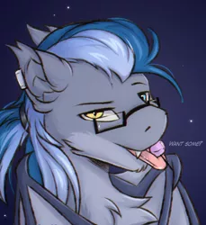 Size: 2100x2289 | Tagged: safe, artist:snowstormbat, derpibooru import, oc, oc:midnight snowstorm, bat pony, bust, candy, dialogue, fluffy, food, glasses, image, lollipop, male, png, ponytail, portrait, smiling, solo, wings