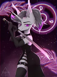 Size: 1532x2048 | Tagged: safe, artist:shinech9, derpibooru import, oc, oc:hazel radiate, unofficial characters only, anthro, pony, unicorn, anthro oc, belt buckle, blurry background, clothes, commission, commissioner:biohazard, dark background, dress, ear fluff, evening gloves, eyebrows, eyelashes, female, gloves, highlights, horn, image, jpeg, katana, long gloves, looking at you, mare, neon, no tail, ponytail, pose, purple eyes, shoulderless, side slit, socks, solo, starry background, stockings, sword, thigh highs, thigh muffintop, unicorn oc, weapon, ych result