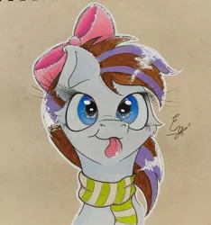 Size: 1377x1469 | Tagged: safe, artist:engi, derpibooru import, oc, oc:breezy, unofficial characters only, earth pony, pony, bow, clothes, cute, female, hair bow, image, jpeg, looking at you, outline, scarf, simple background, smiling, solo, striped scarf, tongue out, traditional art, watercolor painting, white outline