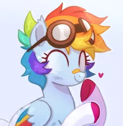 Size: 1184x1210 | Tagged: safe, artist:oddysies, derpibooru import, rainbow dash, pegasus, pony, alternate hairstyle, aviator goggles, bandaid, bandaid on nose, blue background, bruised, colored wings, cute, dashabetes, eyes closed, female, goggles, heart, hooves, image, jpeg, light blue background, mare, multicolored hooves, multicolored wings, redesign, scratches, short hair, short mane, simple background, smiling, solo, wings