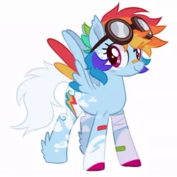 Size: 716x715 | Tagged: safe, artist:oddysies, derpibooru import, rainbow dash, pegasus, pony, alternate hairstyle, bandage, bandaid, bandaid on nose, bruised, colored wings, female, goggles, image, jpeg, mare, multicolored wings, redesign, short hair, short mane, simple background, smiling, smirk, solo, spread wings, white background, wings