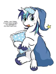 Size: 1300x1700 | Tagged: artist needed, safe, derpibooru import, shining armor, pony, unicorn, cute, embarrassed, hat, image, jpeg, nightcap, open mouth, pillow, raised eyebrow, sitting, solo, sweat, tooth