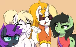 Size: 414x253 | Tagged: safe, artist:thebatfang, derpibooru import, oc, oc:anonfilly, oc:dyx, oc:luftkrieg, oc:nyx, alicorn, earth pony, pegasus, pony, aggie.io, clothes, eyes closed, female, filly, foal, glasses, image, mare, me and the boys, meme, nazi, open mouth, orange background, png, ponified meme, shirt, simple background, smiling, spread wings, wings