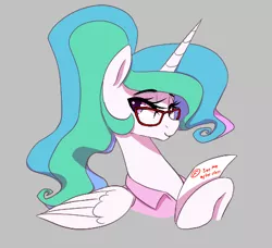 Size: 463x423 | Tagged: safe, artist:thebatfang, derpibooru import, princess celestia, alicorn, pony, aggie.io, alternate hairstyle, clothes, eyebrows, eyebrows visible through hair, female, glasses, gray background, hoof hold, image, lidded eyes, looking back, mare, paper, png, ponytail, shirt, simple background, smiling, teacher