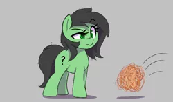 Size: 516x306 | Tagged: safe, artist:thebatfang, derpibooru import, oc, oc:anonfilly, earth pony, pony, aggie.io, confused, earth pony oc, eyebrows, eyebrows visible through hair, female, filly, foal, gray background, image, mare, png, raised eyebrow, simple background, solo, tumbleweed