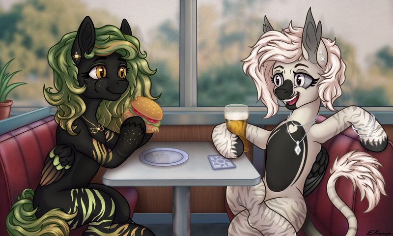 Size: 3000x1801 | Tagged: safe, artist:elronya, artist:eltaile, derpibooru import, oc, oc:devilvoice, oc:greenviper, unofficial characters only, bat pony, pony, alcohol, beer, burger, commission, detailed background, dinery, duo, ear piercing, earring, eating, female, food, hay burger, image, jewelry, necklace, open mouth, piercing, plate, png, restaurant, sitting, smiling, tail, talking, tongue out