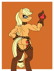 Size: 2296x3040 | Tagged: suggestive, alternate version, artist:supra80, derpibooru import, applejack, anthro, earth pony, unguligrade anthro, apple, applebutt, applejack (male), applejacked, ass, assless chaps, bottomless, butt, chaps, clothes, collar, dock, femboy, food, gloves, image, looking at you, male, muscles, nudity, partial nudity, photoshop, png, rule 63, tail