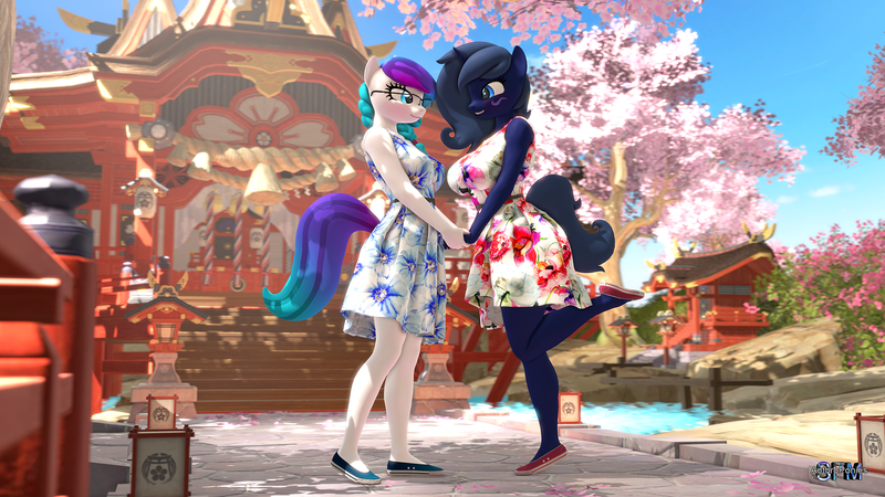 Size: 1920x1080 | Tagged: safe, artist:anthroponiessfm, derpibooru import, oc, oc:aurora starling, oc:midnight music, anthro, plantigrade anthro, 3d, anthro oc, blushing, cherry blossoms, clothes, cute, dress, female, flower, flower blossom, glasses, holding hands, image, lesbian, looking at each other, looking at someone, png, shoes, source filmmaker, wholesome