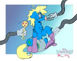 Size: 2500x2000 | Tagged: artist needed, suggestive, derpibooru import, oc, oc:blue wax, abdl, adult foal, blushing, bottle feeding, clothes, diaper, diaper fetish, embarrassed, fetish, image, png, rattle, robotic arm, socks