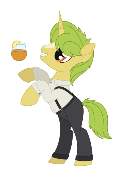 Size: 1311x1695 | Tagged: safe, artist:dyonys, derpibooru import, oc, oc:whiskey sour, pony, unicorn, bipedal, clothes, coat markings, cutie mark, fallout equestria oc, image, male, pants, png, simple background, stallion, transparent background