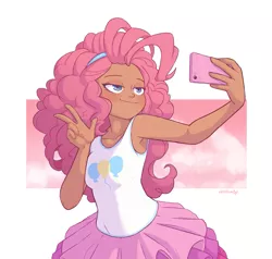 Size: 1075x1024 | Tagged: safe, artist:skittlebuggy, color edit, derpibooru import, edit, editor:diameltzowo, pinkie pie, equestria girls, equestria girls series, colored, dark skin, female, high res, image, lidded eyes, peace sign, phone, png, selfie, skin color edit, solo, taking a photo