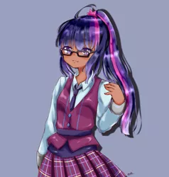 Size: 975x1024 | Tagged: safe, artist:moh_mlp2, color edit, derpibooru import, edit, editor:diameltzowo, sci-twi, twilight sparkle, equestria girls, friendship games, anime, blue background, clothes, colored, crystal prep academy uniform, cute, dark skin, female, image, looking at you, open mouth, png, ponytail, school uniform, simple background, skin color edit, solo, twiabetes