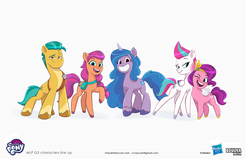 Size: 2083x1349 | Tagged: safe, artist:claudio naccari, boulder media, derpibooru import, official, hitch trailblazer, izzy moonbow, pipp petals, sunny starscout, zipp storm, earth pony, pegasus, pony, unicorn, my little pony: tell your tale, boulder media logo, concept art, female, g5, hasbro, hasbro logo, image, jpeg, logo, male, mane five (g5), mare, my little pony logo, simple background, stallion, text, white background