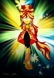 Size: 828x1189 | Tagged: safe, artist:mira.veike, derpibooru import, sunset shimmer, equestria girls, boots, clothes, crystal guardian, glow, glowing eyes, high heel boots, image, jpeg, shoes, simple background, solo, transparent background