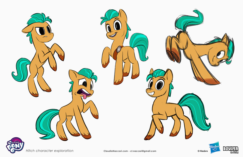 Size: 2083x1349 | Tagged: safe, artist:claudio naccari, boulder media, derpibooru import, official, hitch trailblazer, earth pony, pony, my little pony: tell your tale, boulder media logo, concept art, g5, hasbro, hasbro logo, image, jpeg, logo, male, my little pony logo, simple background, stallion, text, white background