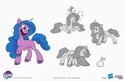 Size: 2083x1349 | Tagged: safe, artist:claudio naccari, boulder media, derpibooru import, official, izzy moonbow, pony, unicorn, my little pony: tell your tale, boulder media logo, concept art, female, g5, hasbro, hasbro logo, image, jpeg, logo, mare, my little pony logo, simple background, text, white background