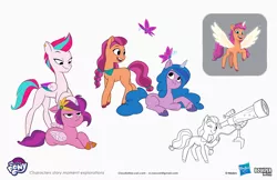 Size: 2083x1349 | Tagged: safe, artist:claudio naccari, boulder media, derpibooru import, official, izzy moonbow, pipp petals, sunny starscout, zipp storm, alicorn, butterfly, earth pony, insect, pegasus, pony, unicorn, my little pony: tell your tale, alicornified, boulder media logo, concept art, female, g5, hasbro, hasbro logo, image, jpeg, logo, mare, my little pony logo, race swap, simple background, telescope, text, white background