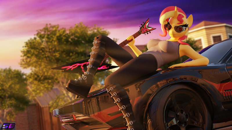 Size: 3840x2160 | Tagged: safe, artist:shadowboltsfm, derpibooru import, sunset shimmer, anthro, plantigrade anthro, 3d, 4k, aviator sunglasses, blender, boots, breasts, car, clothes, eyelashes, female, guitar, high res, image, looking at you, musical instrument, not sfm, platform boots, png, shoes, smiling, solo, sun ray, sunglasses