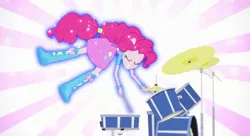Size: 1212x659 | Tagged: safe, derpibooru import, screencap, pinkie pie, human, equestria girls, pinkie on the one, rainbow rocks, boots, clothes, drum kit, drums, drumsticks, eyes closed, floating, glow, image, jpeg, musical instrument, ponied up, shirt, shoes, skirt, smiling, sparkles, sunburst background, youtube link