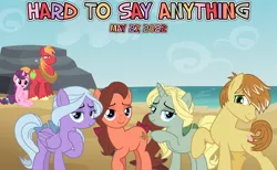 Size: 2064x1273 | Tagged: safe, artist:not-yet-a-brony, derpibooru import, big macintosh, dear darling, feather bangs, fond feather, sugar belle, swoon song, earth pony, pegasus, unicorn, hard to say anything, 2022, beach, bimbettes, episode reference, feather bangs gets all the mares, female, image, lucky bastard, male, may, ocean, png, shipping, straight, sugarmac, water, youtube link in the description