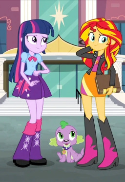 Size: 256x373 | Tagged: safe, derpibooru import, spike, sunset shimmer, twilight sparkle, dog, equestria girls, boots, clothes, high heel boots, image, jacket, jpeg, shirt, shoes, skirt, solo, spike the dog