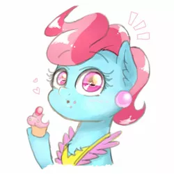 Size: 1595x1596 | Tagged: safe, artist:phoenixrk49, derpibooru import, cup cake, earth pony, pony, clothes, cupcake, eating, emanata, eye reflection, female, food, heart, image, jpeg, looking at you, mare, raised hoof, reflection, simple background, solo, white background