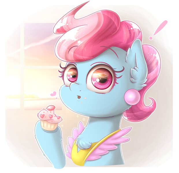 Size: 1651x1599 | Tagged: safe, artist:phoenixrk49, derpibooru import, cup cake, earth pony, pony, clothes, cupcake, eating, exclamation point, eye reflection, female, food, heart, image, jpeg, looking at you, mare, raised hoof, reflection, simple background, solo, white background