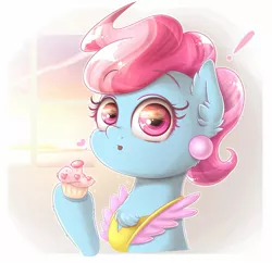 Size: 1651x1599 | Tagged: safe, artist:phoenixrk49, derpibooru import, cup cake, earth pony, pony, clothes, cupcake, eating, exclamation point, eye reflection, female, food, heart, image, jpeg, looking at you, mare, raised hoof, reflection, simple background, solo, white background